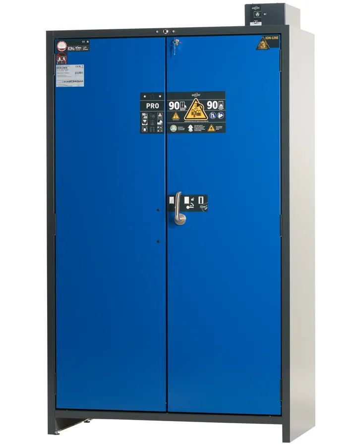 Asecos ION-PRO-90 lityum pil saklama dolabı, mavi kapılı